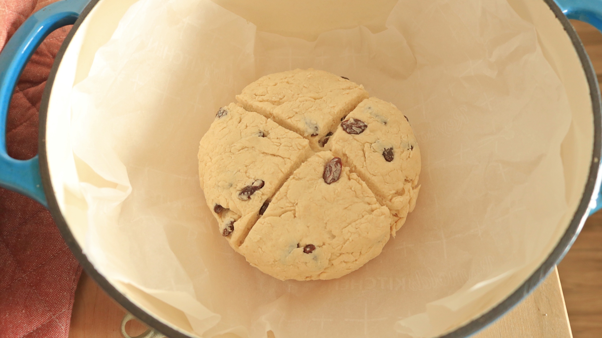Irish soda bread dough in a pot.