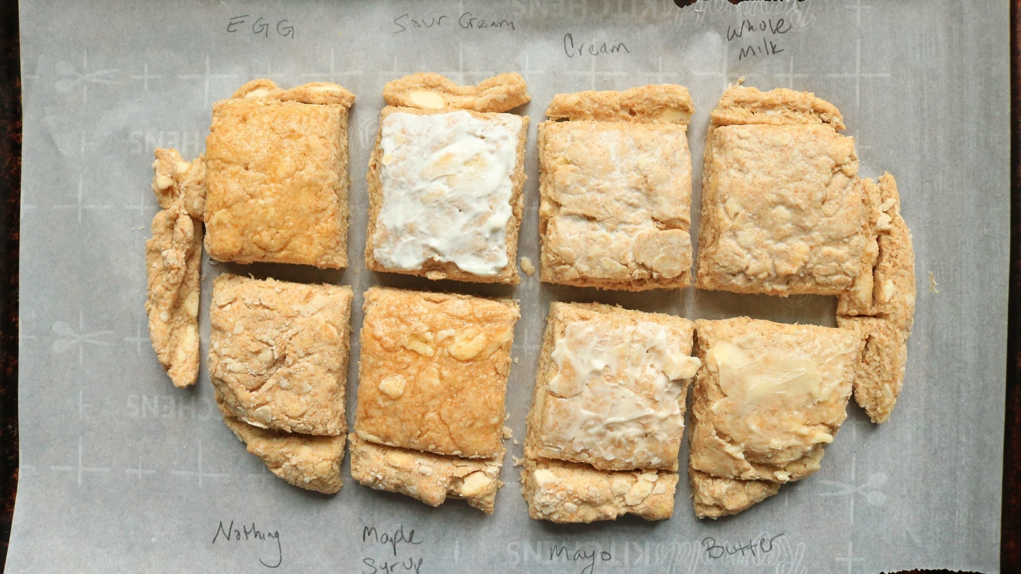 Unbaked biscuits on a sheet tray and each one has a different color wash on top.