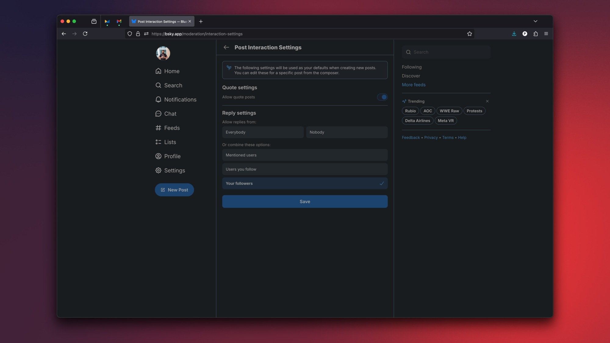 Bluesky's post interaction settings page.
