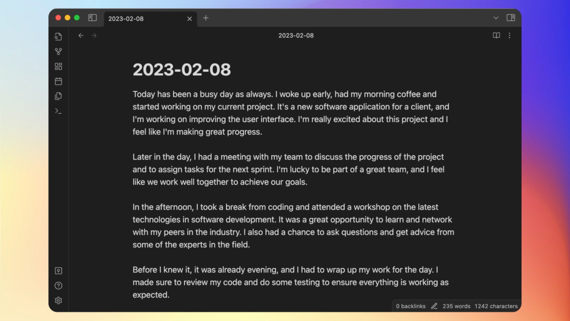 An Obsidian window functioning as a journal app, complete withtext.