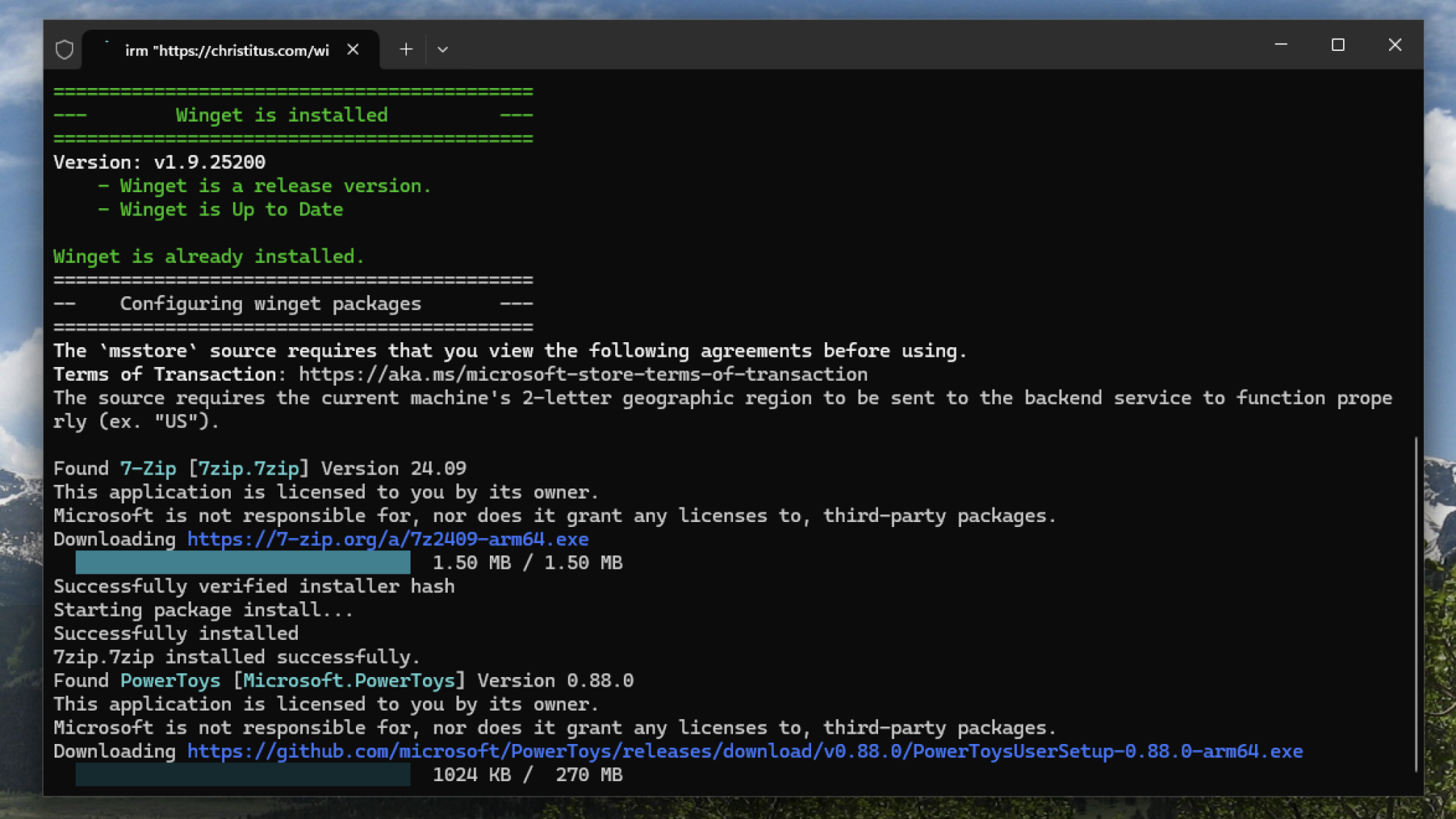 A PowerShell window showing the progress of the installers.