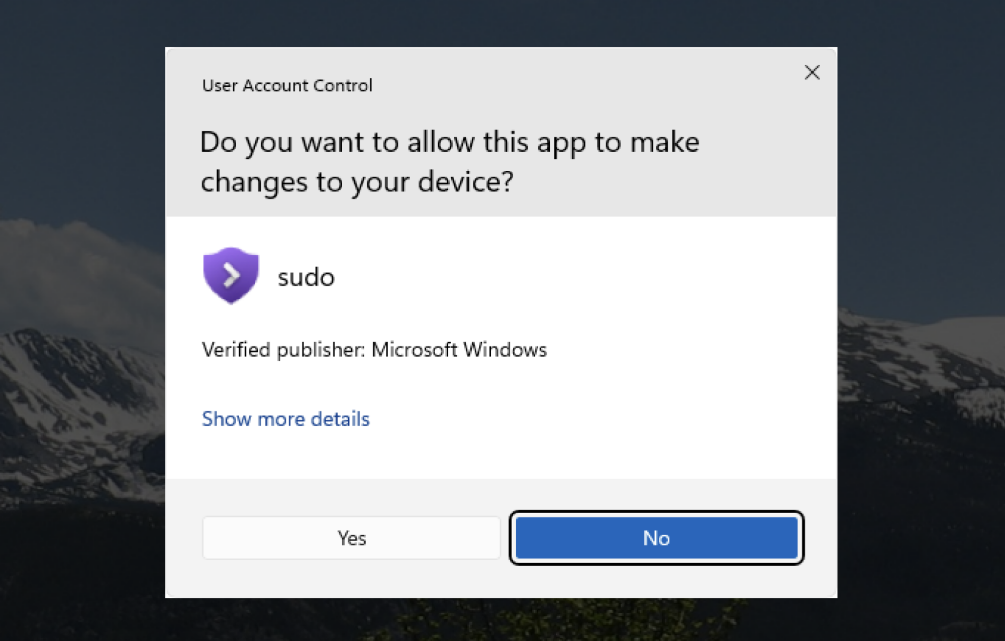 A user access control (UAC) window asking if sudo can make changes to the device.