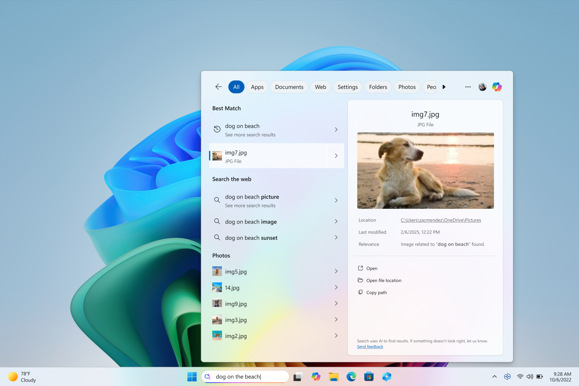 The Start menu in Windows 11 with search results. The right pane shows a picture of a dog in golden light.
