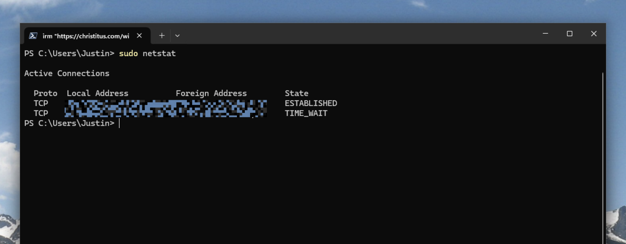 The "netstat" command runnning as administrator thanks to sudo