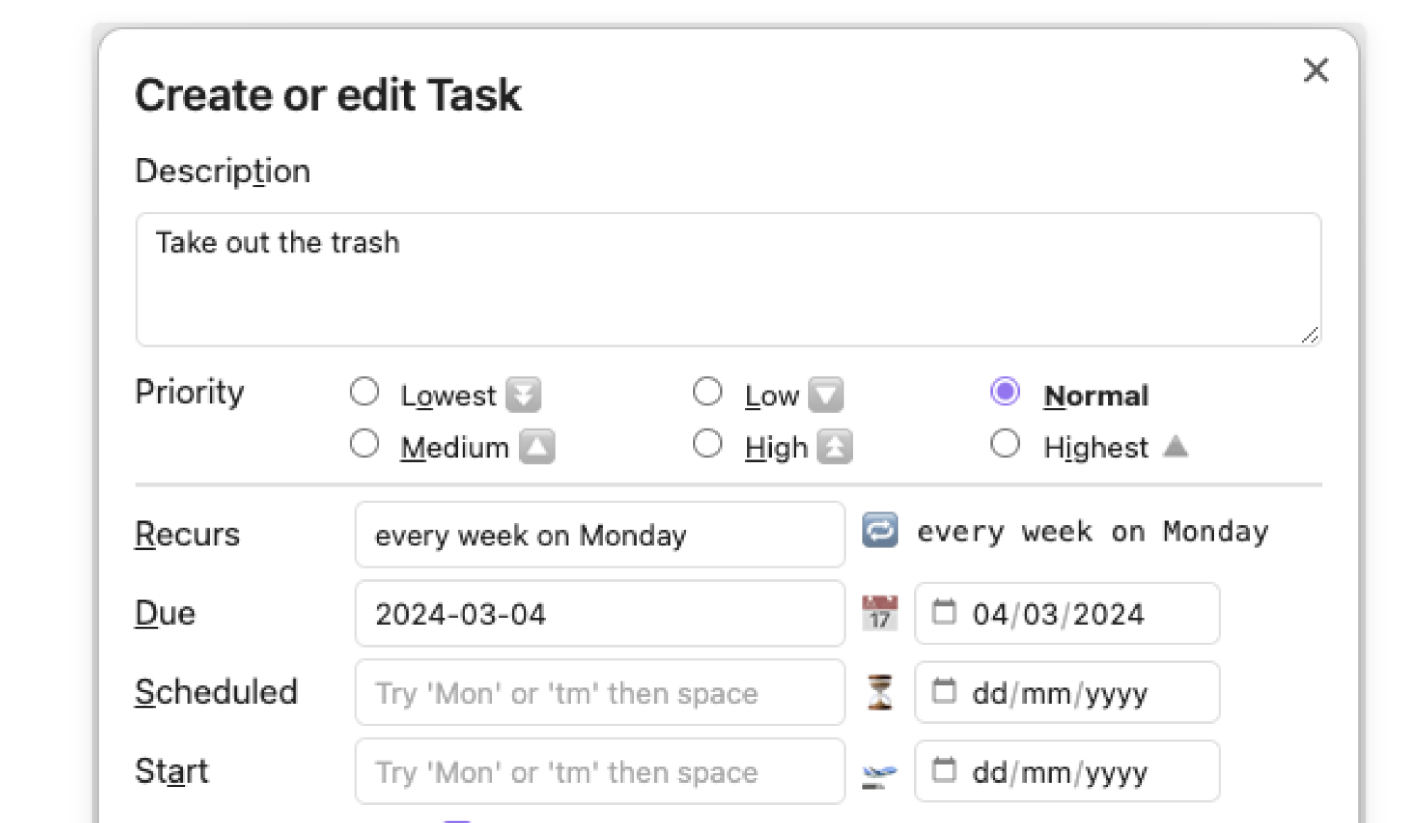 Creating a new task in Obsidian