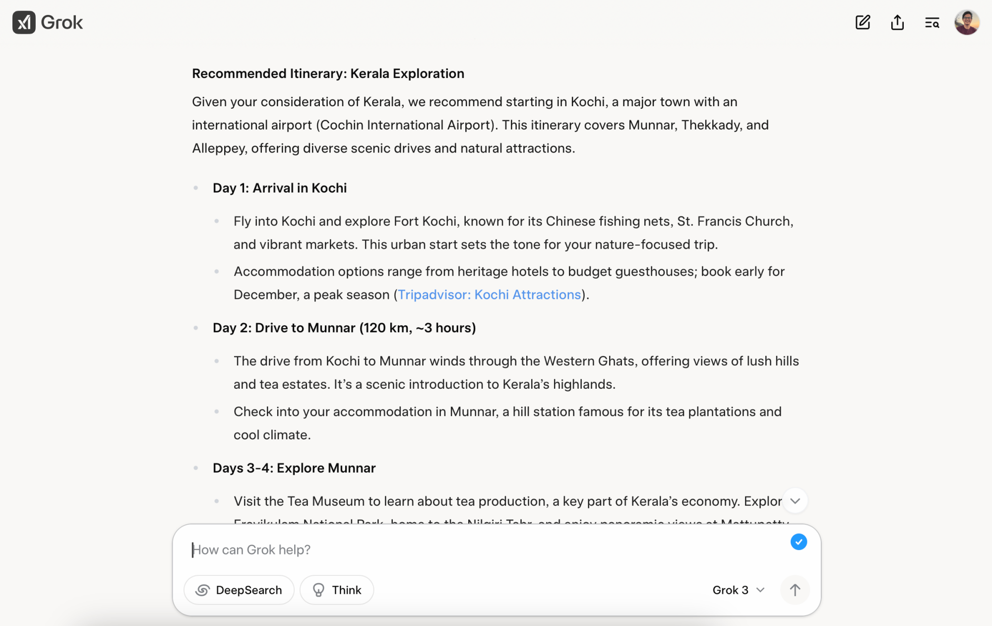 Travel planning in Grok.