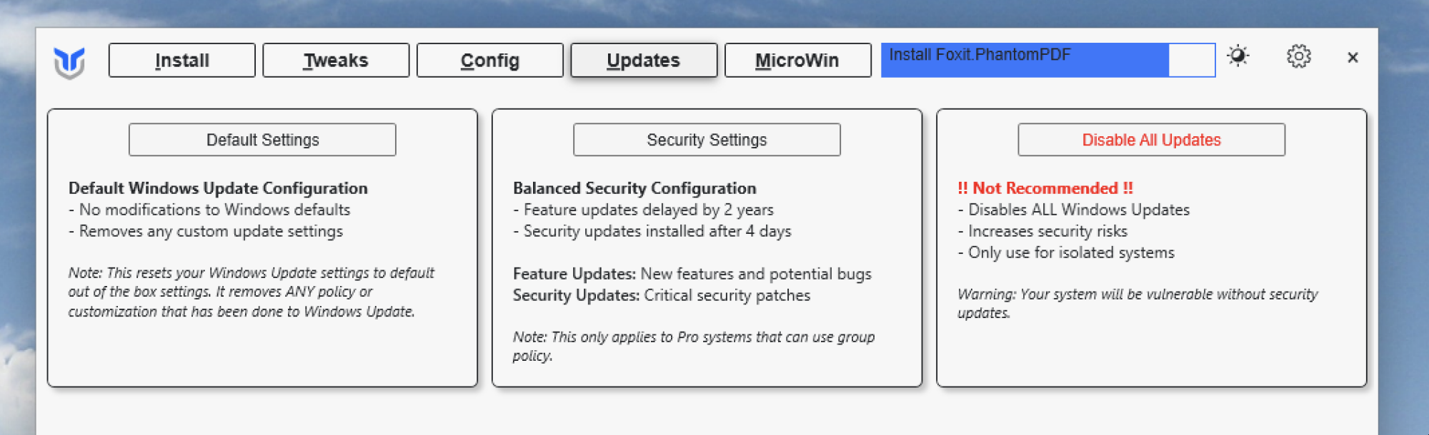 The updates tab offers three options—the default, a security-minded delay, and disabling all updates.