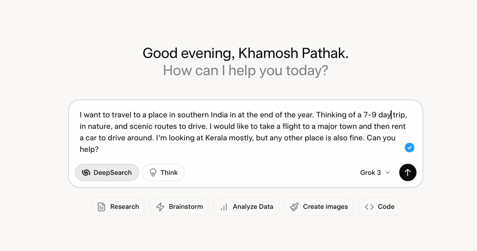 Prompt in Grok for travel planning.