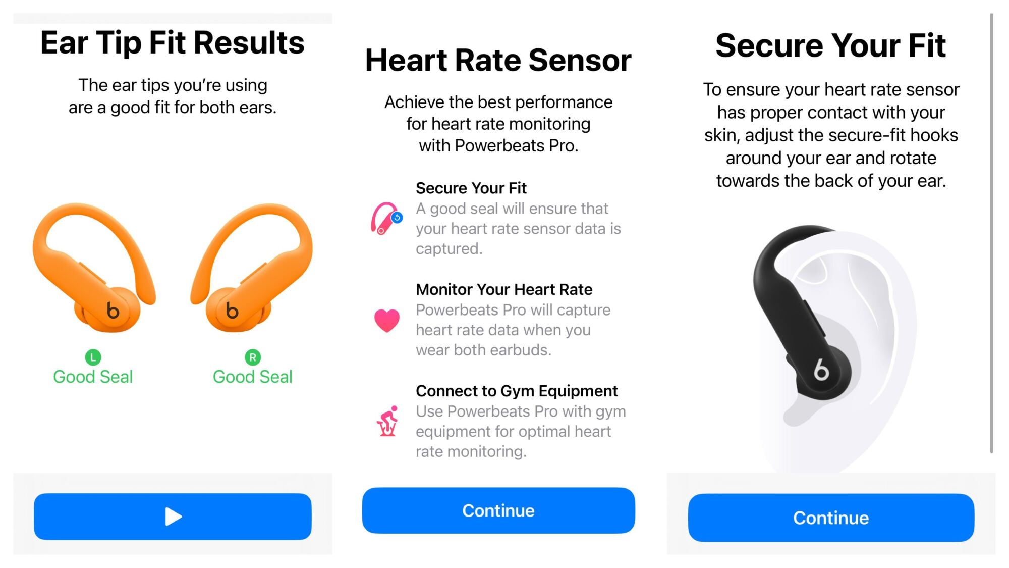 Screenshots of ear tip fit results (both good), and instructions from the heart rate sensor telling me to wear the hooks vertically