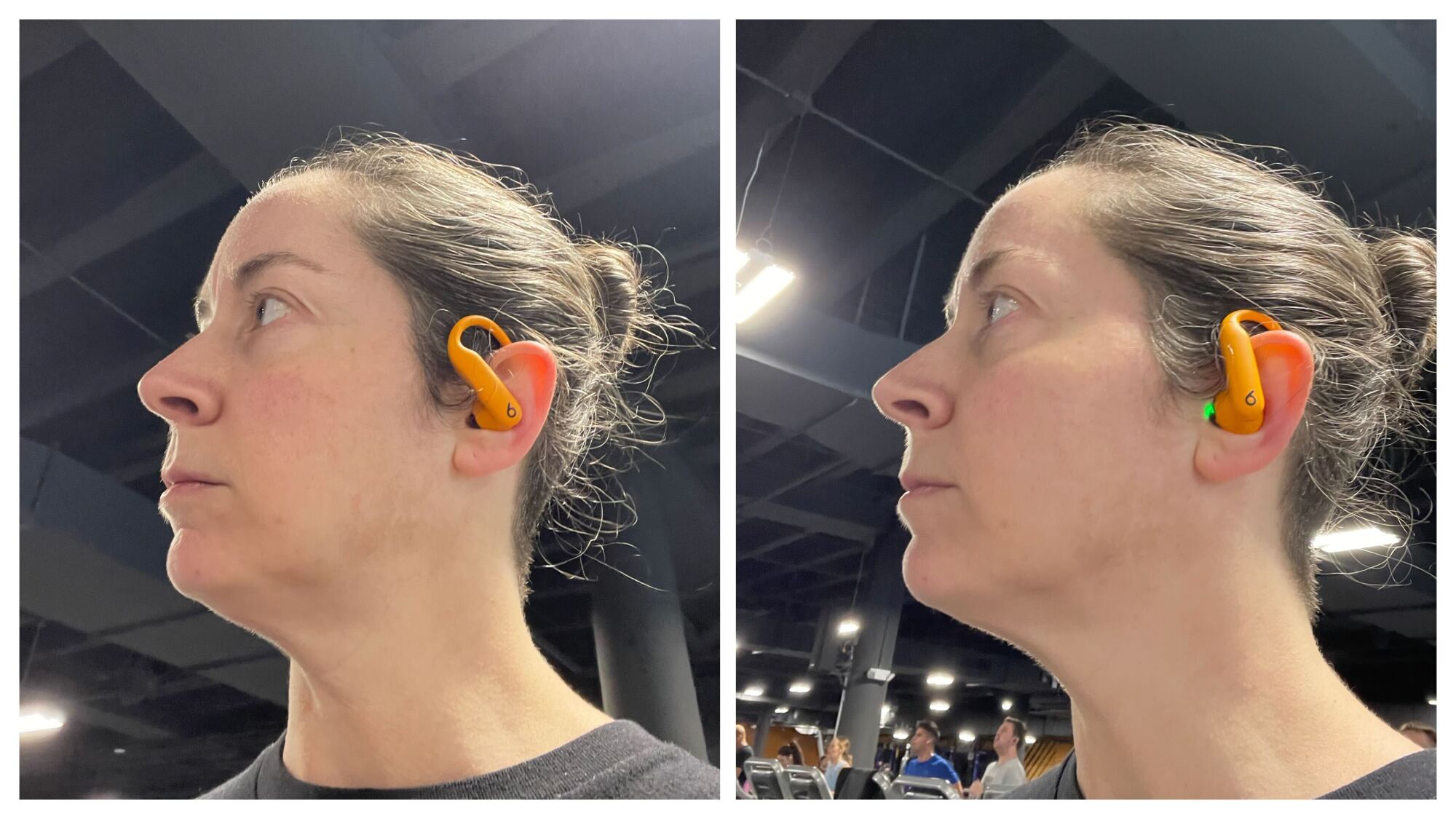 Two photos of me wearing the headphones in different positions
