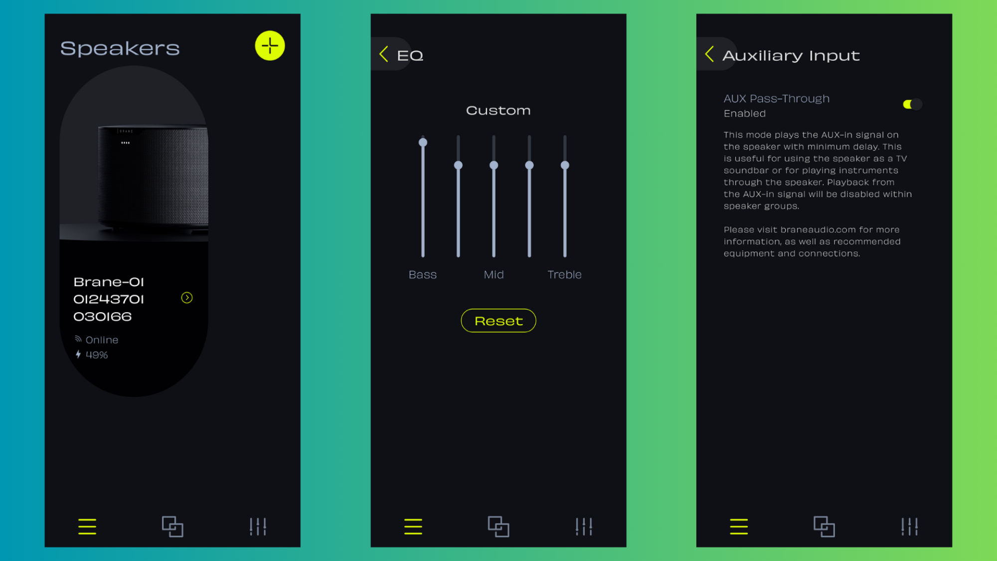 Three screenshots of the Brane app.