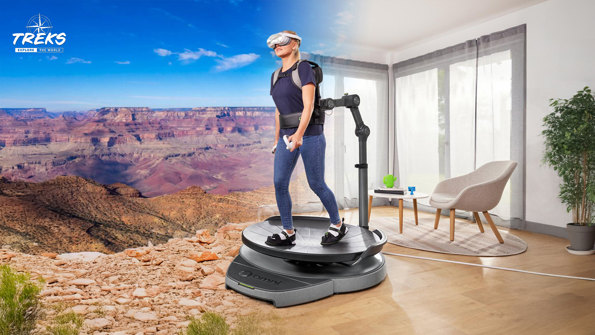 A woman with VR headset on a VR treadmill. On the left a digital clone of the Grand Canyon, on the right a living room with armchair and table.