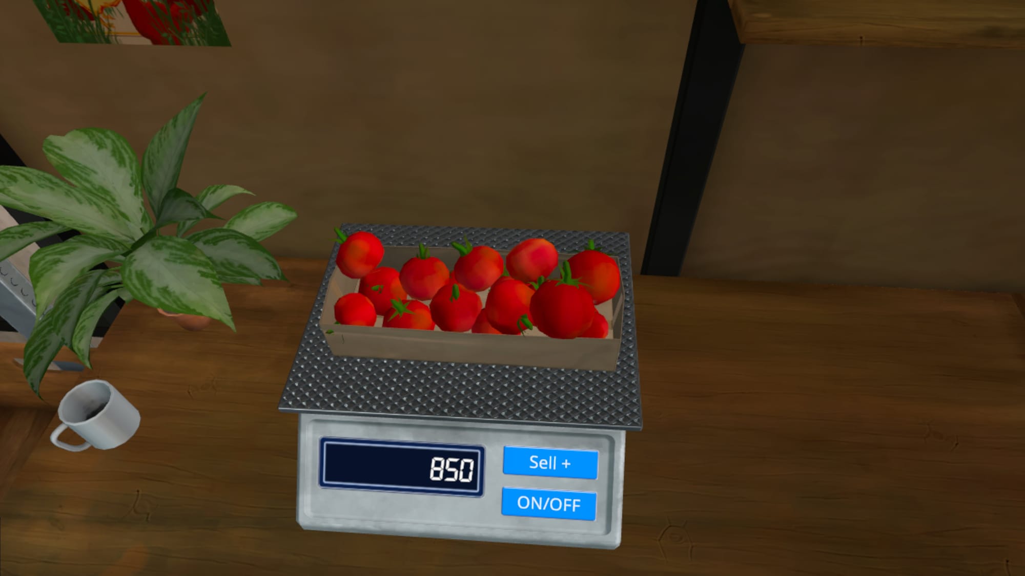 Farming Simulator VR screenshot shows you weighing tomatoes on a scale