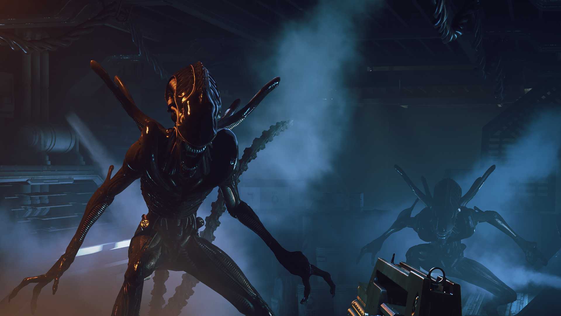 Two Xenomorphs in attack pose.