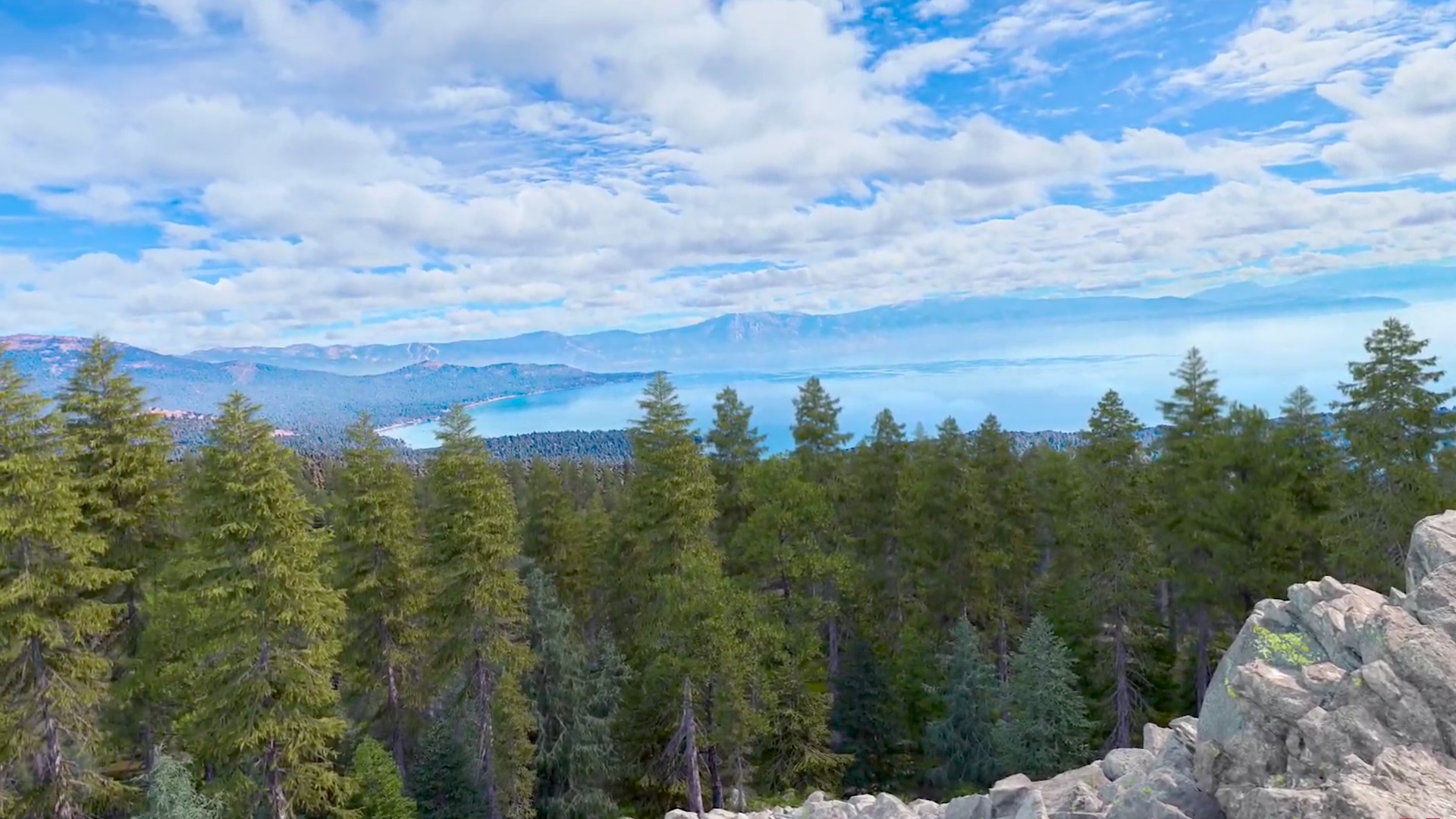 Panoramic view of Lake Tahoe with pine forest in the foreground and mountains in the background under a blue sky with clouds.
