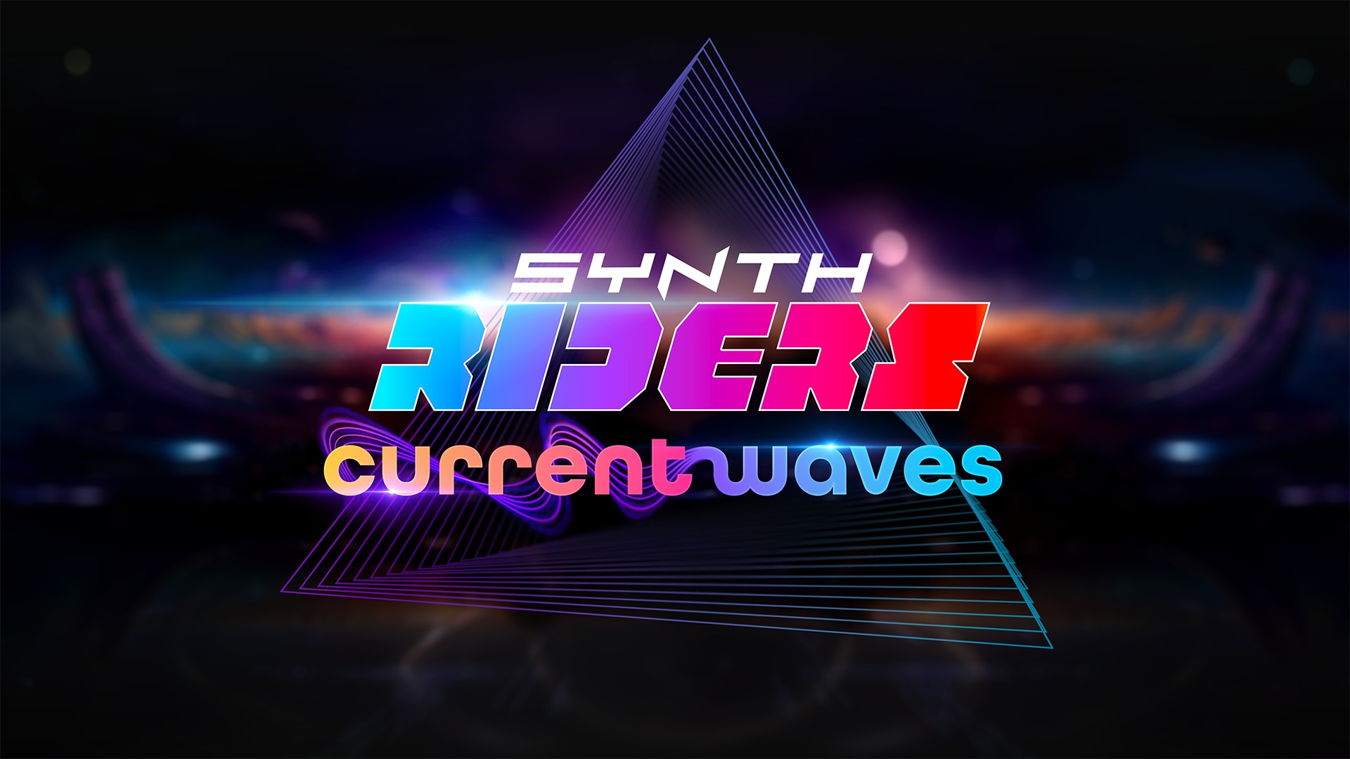 Stylized "Synth Riders: Current Waves" logo with neon effects, geometric lines and retrowave aesthetics against a dark background.