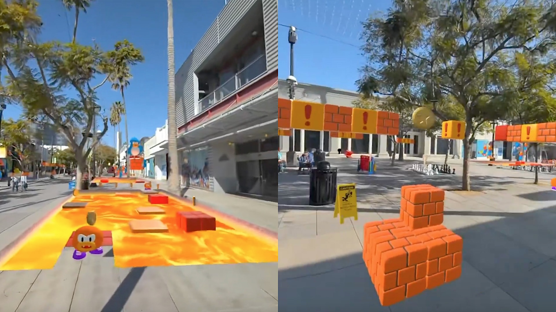 A promenade that has been transformed into a Super Mario-like mixed reality landscape.
