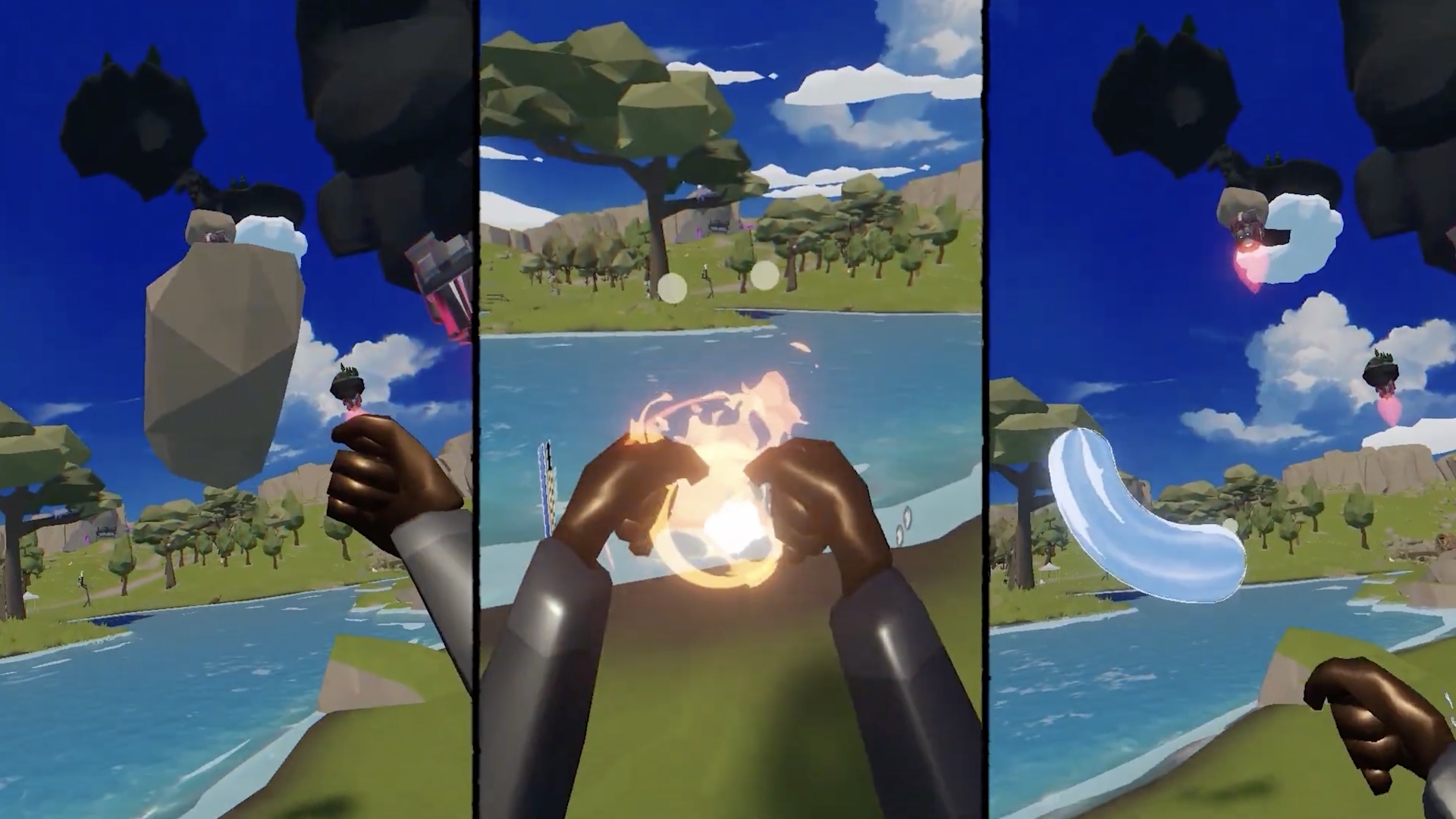 Three game excerpts in which players' hands conjure up various elements.