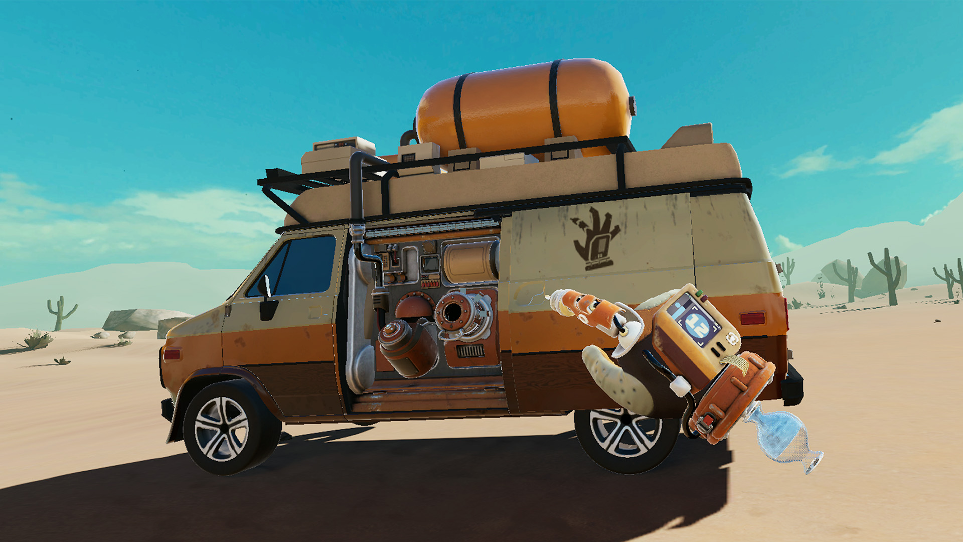 A caravan in a desert. A floating VR hand of the player.