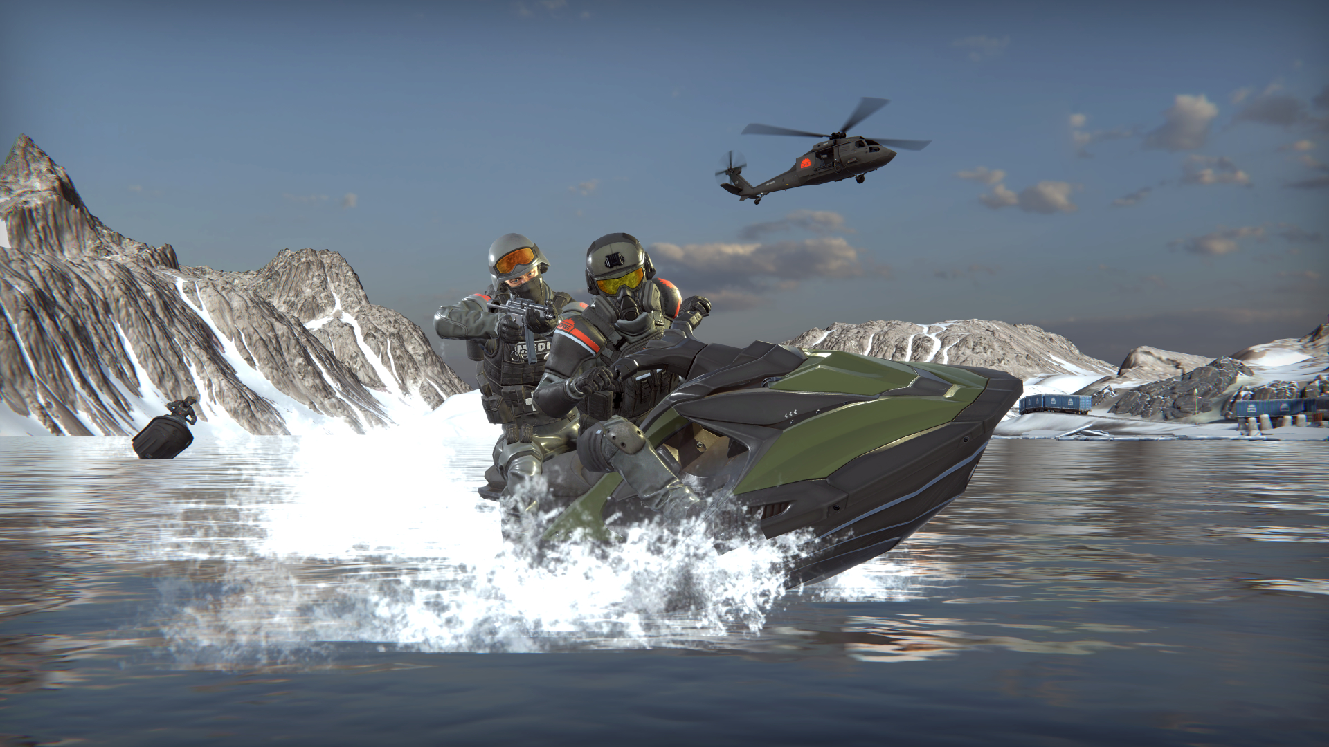 Two soldiers in combat gear on jet skis in an arctic landscape, helicopter in flight, container base in the background.