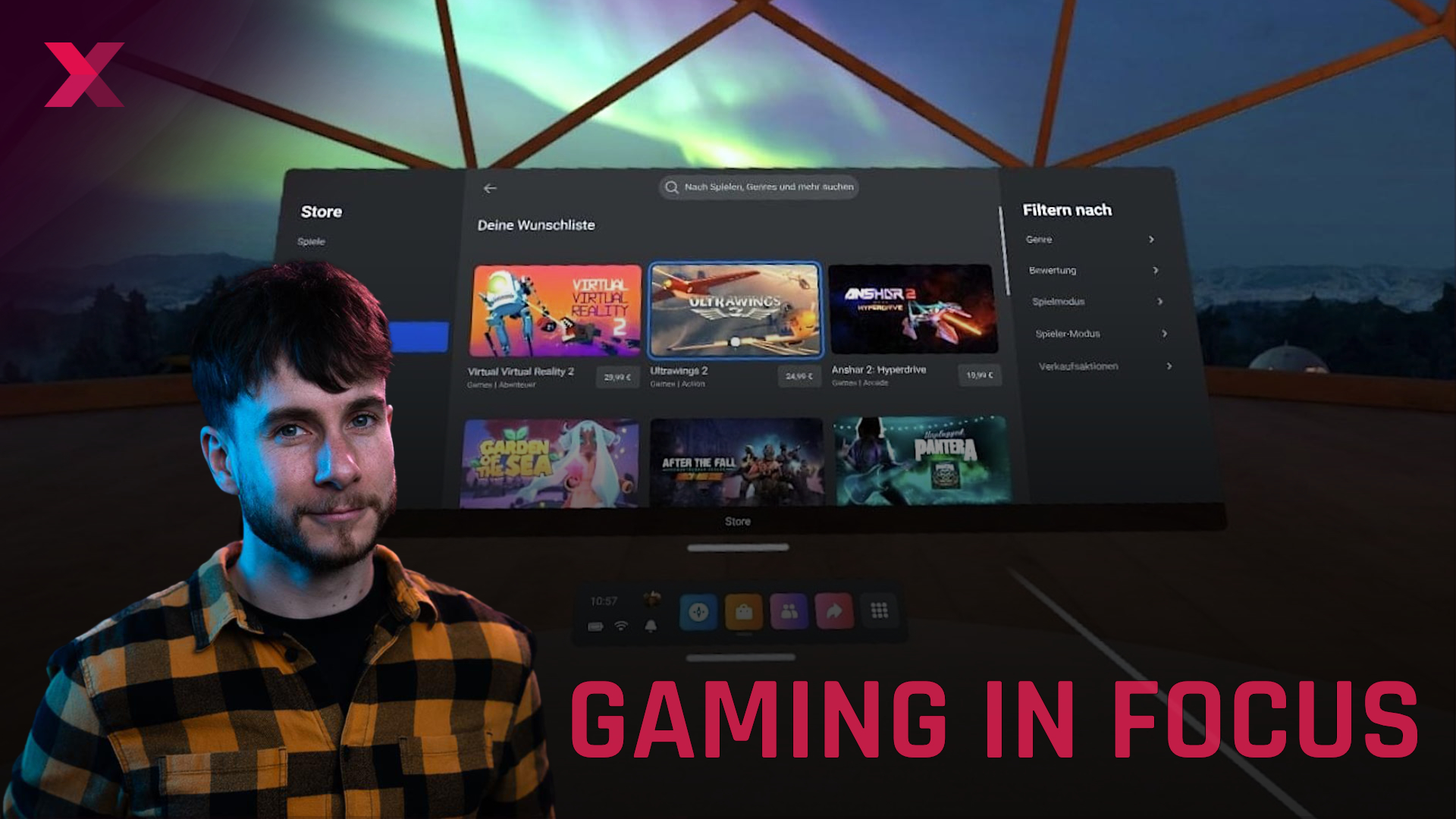 A man wearing a plaid shirt looks at the VR games store of the Meta Quest 2. The selection includes titles such as “Virtual Virtual Reality 2”, “Ultrawings 2” and “Anshar 2: Hyperdrive”.