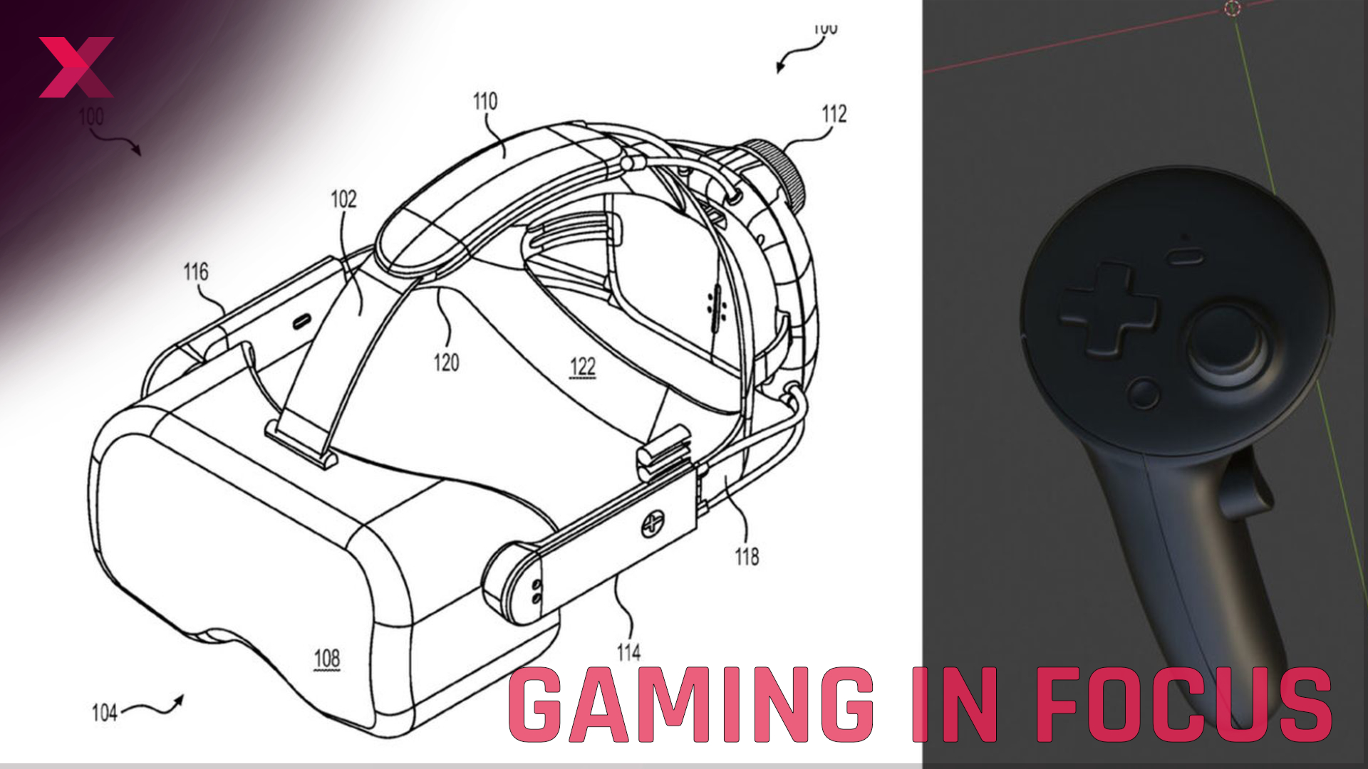 Technical patent drawing of a VR headset with a detailed view of the housing structure and fastening elements, as well as a controller view.