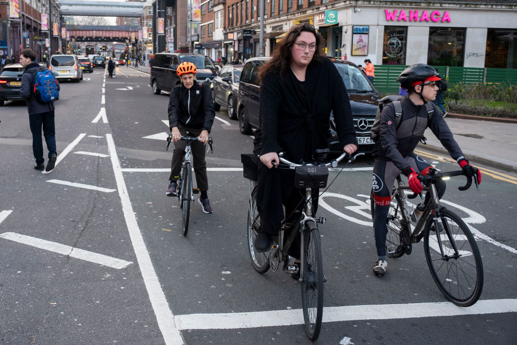 Cyclists waiting at the traffic lights on Waterloo Road on 6th March 2024 in London, United Kingdom. Cycling is a very popular mode of transport in the capital as people try to avoid public transport, saving money, getting fit and saving time. (photo by Mike Kemp/In Pictures via Getty Images)