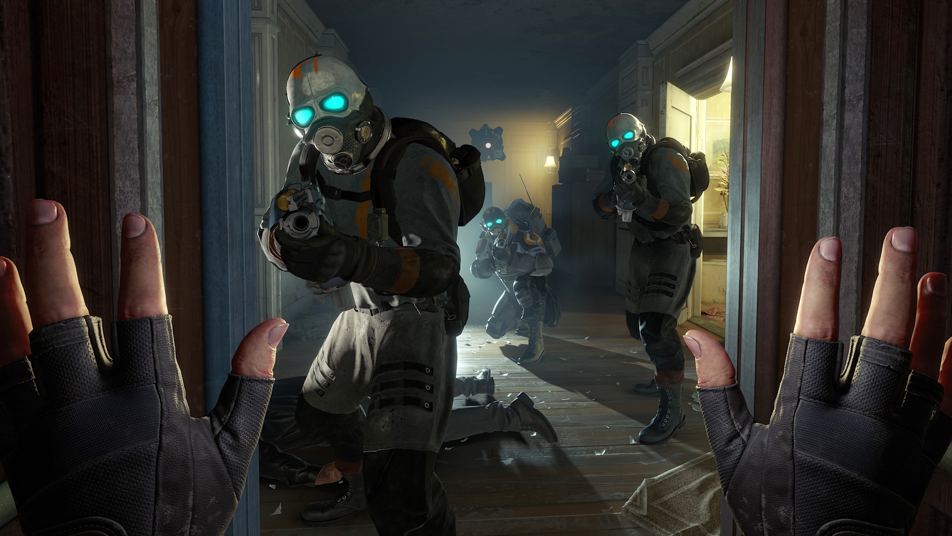 Three Combine soldiers point their weapons at the player who raises his hands.