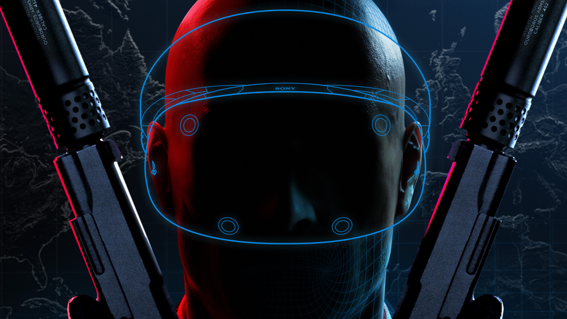 [ALT-TEXT] Person with Sony VR headset, two pistols in his hands, world map in the background, futuristic atmosphere.
