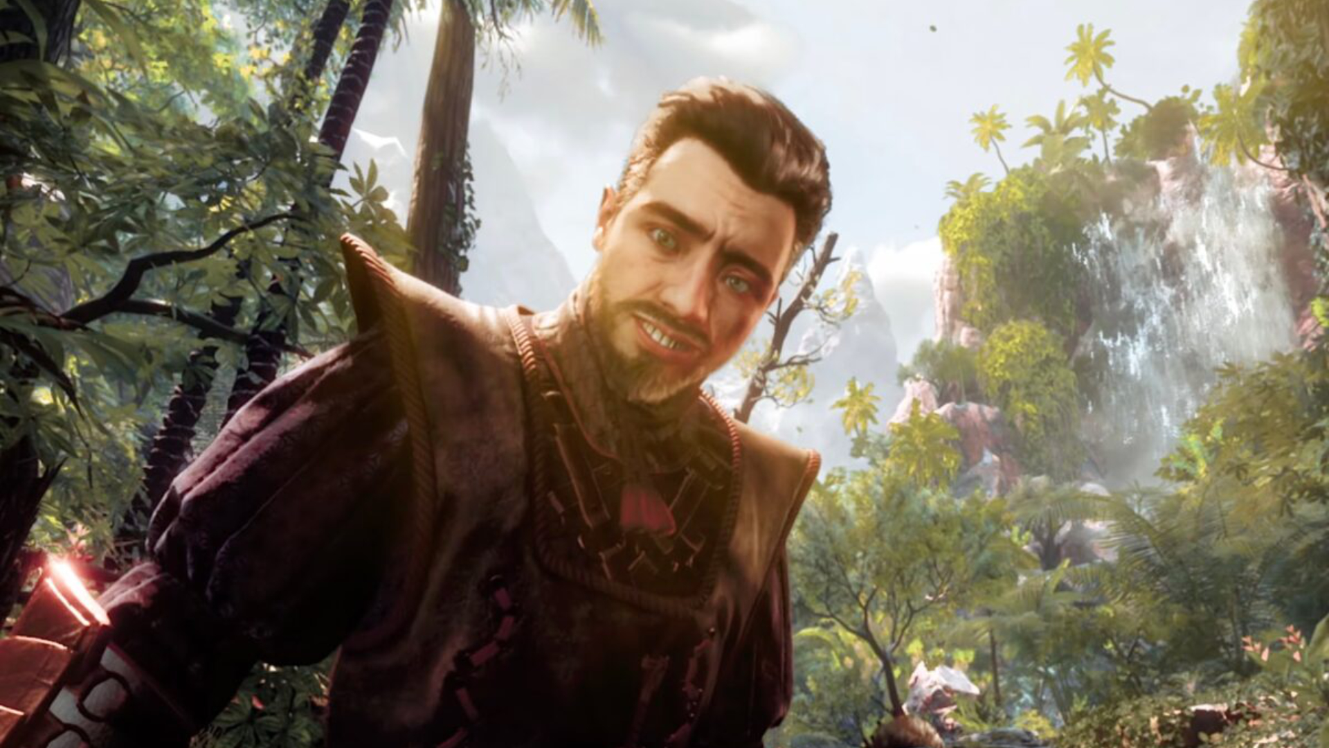 Character from Horizon Call of the Mountain in front of jungle background