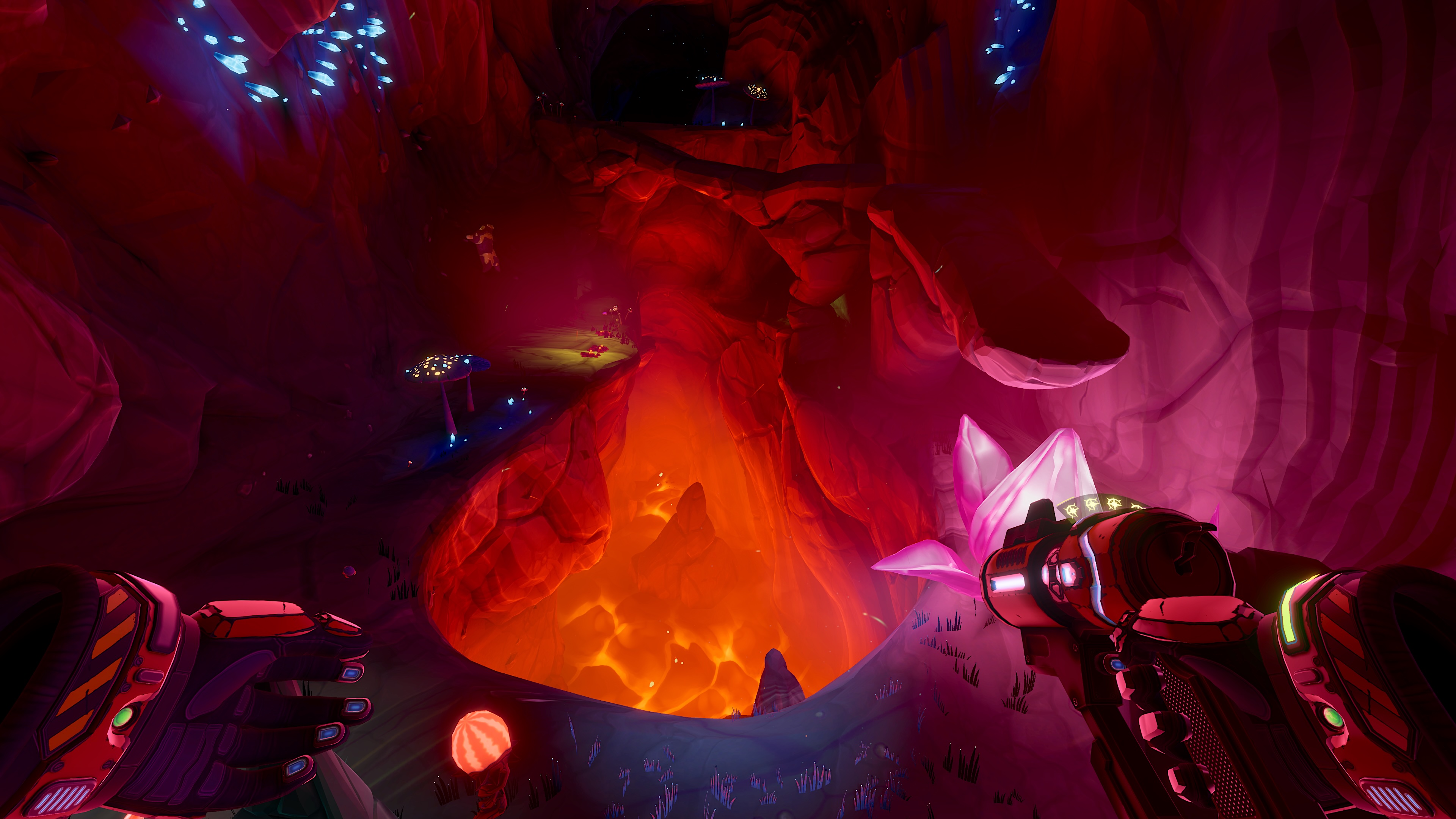First-person perspective in video game, hands with futuristic weapon, view into grotto with lava, glowing plants, red and purple colors.