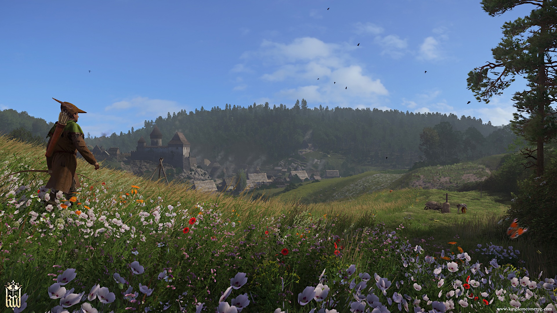 Medieval landscape with castle, village, archer and wild flower meadow.