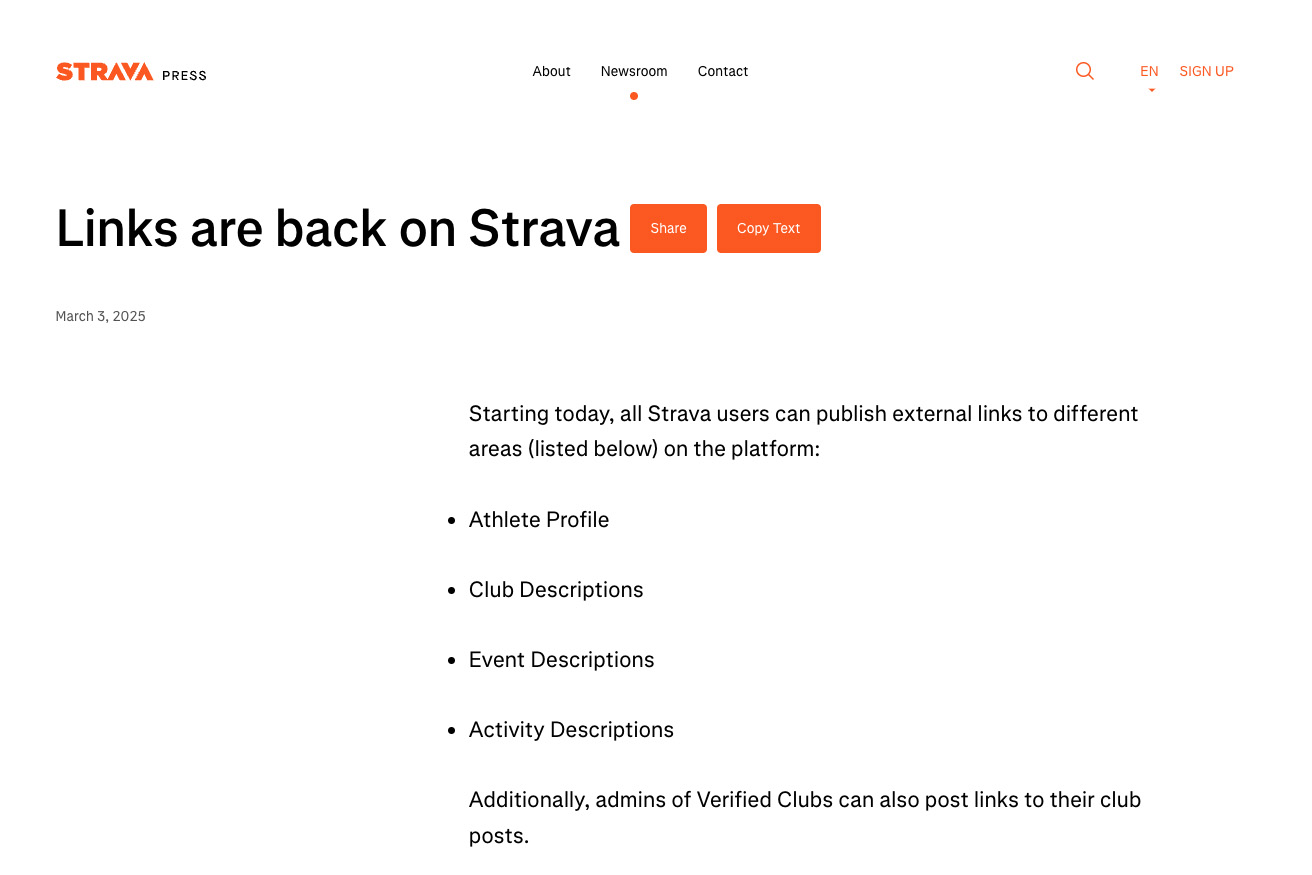 Links are back on Strava