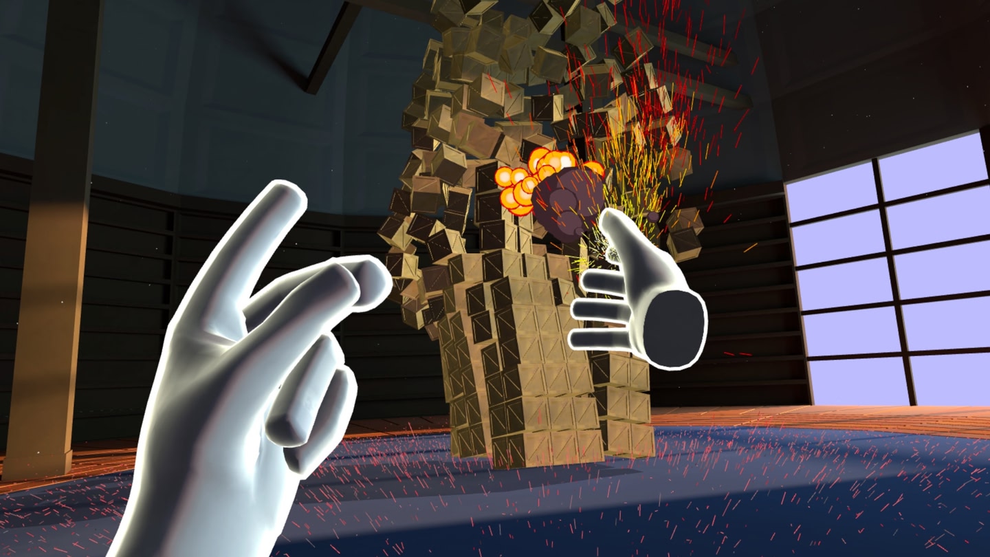 VR game scene: White hands manipulate exploding crates in a room with windows and shelves. Sparks and explosion effects.