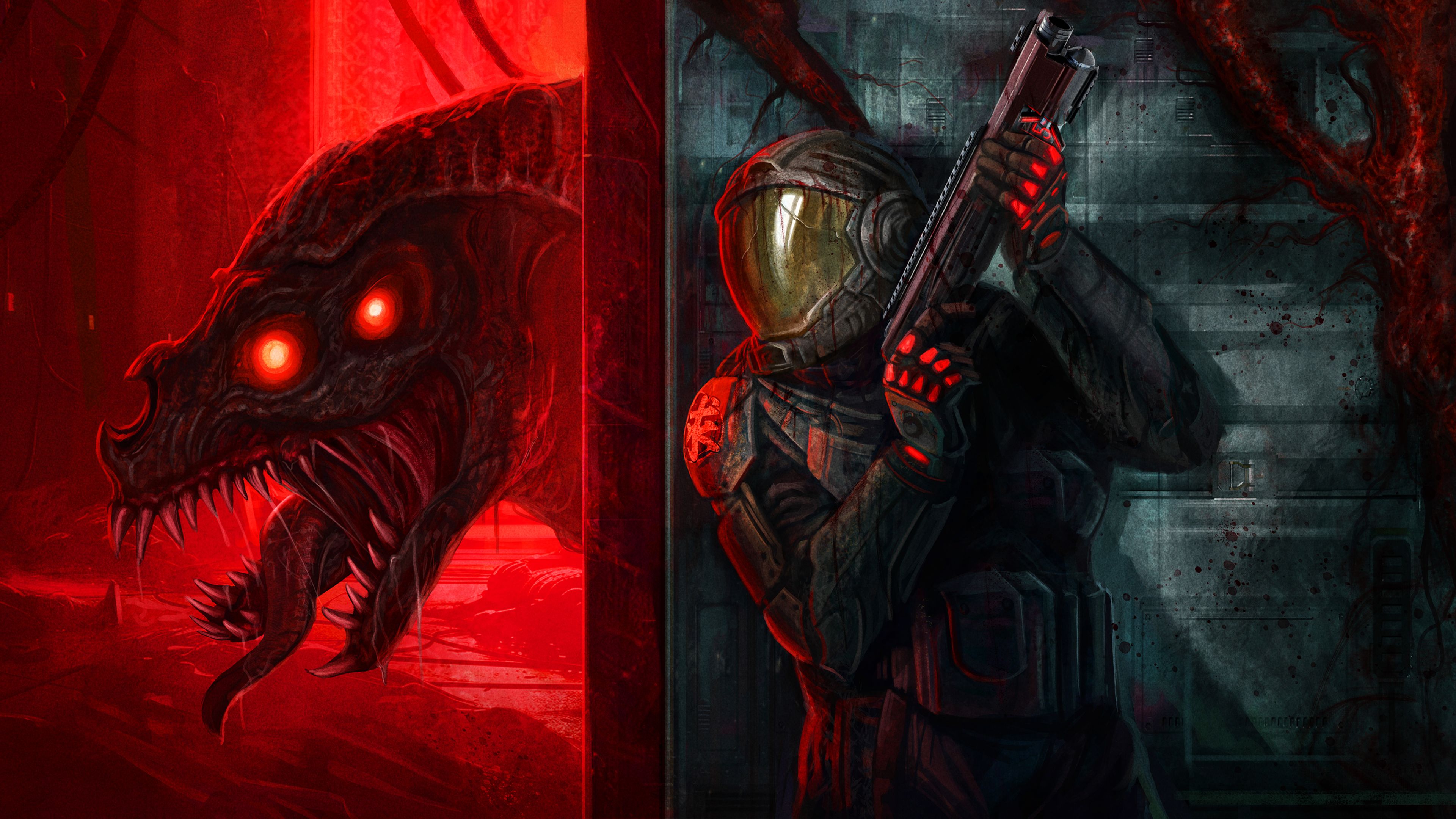 A Space Marine in combat gear and helmet faces a monster with glowing red eyes in the semi-darkness. The scene takes place in a dark corridor with red lights and bloody tracks.