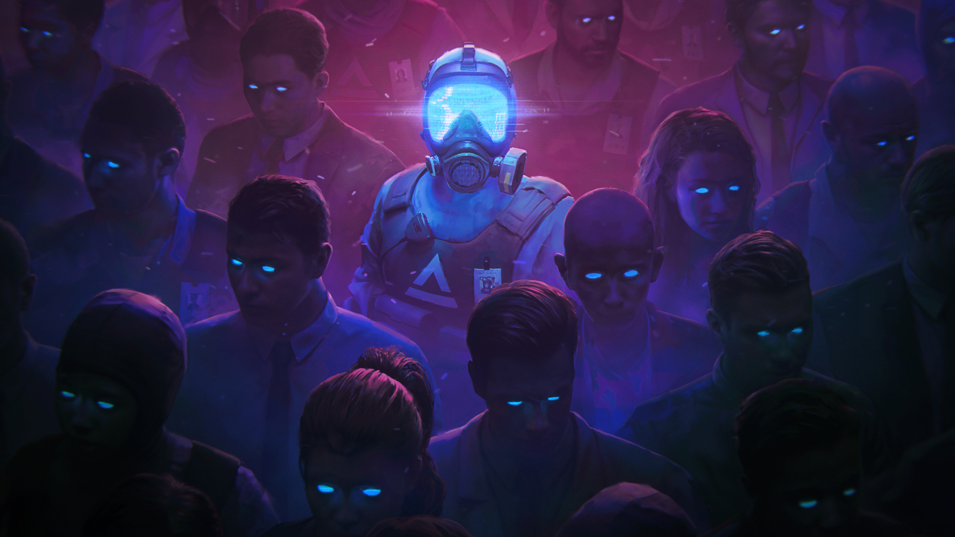 An agent with a gas mask stands in a group of frozen people with shimmering blue eyes.