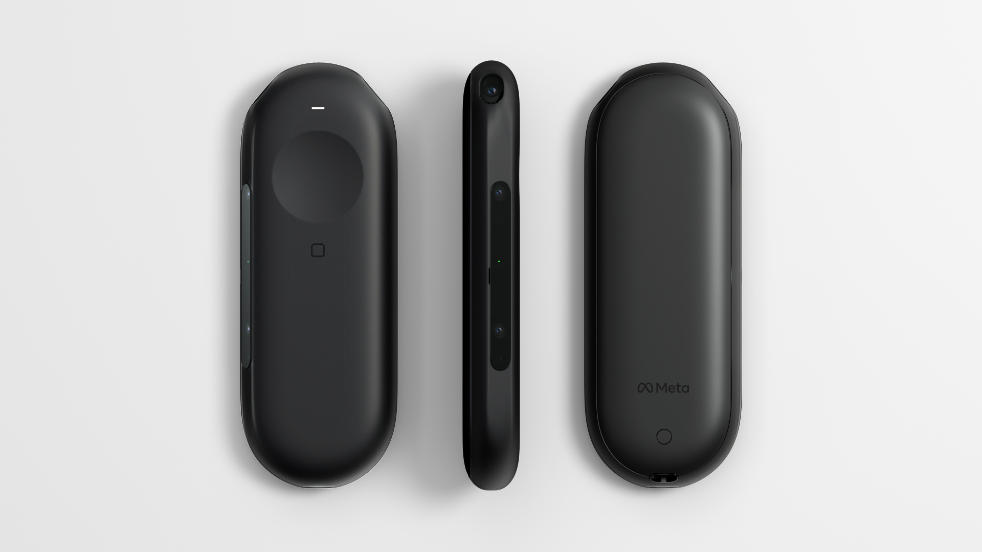 Three views of a black, oval Meta Ray-Ban Smart Glass housing: front, side and back with logo and integrated cameras.