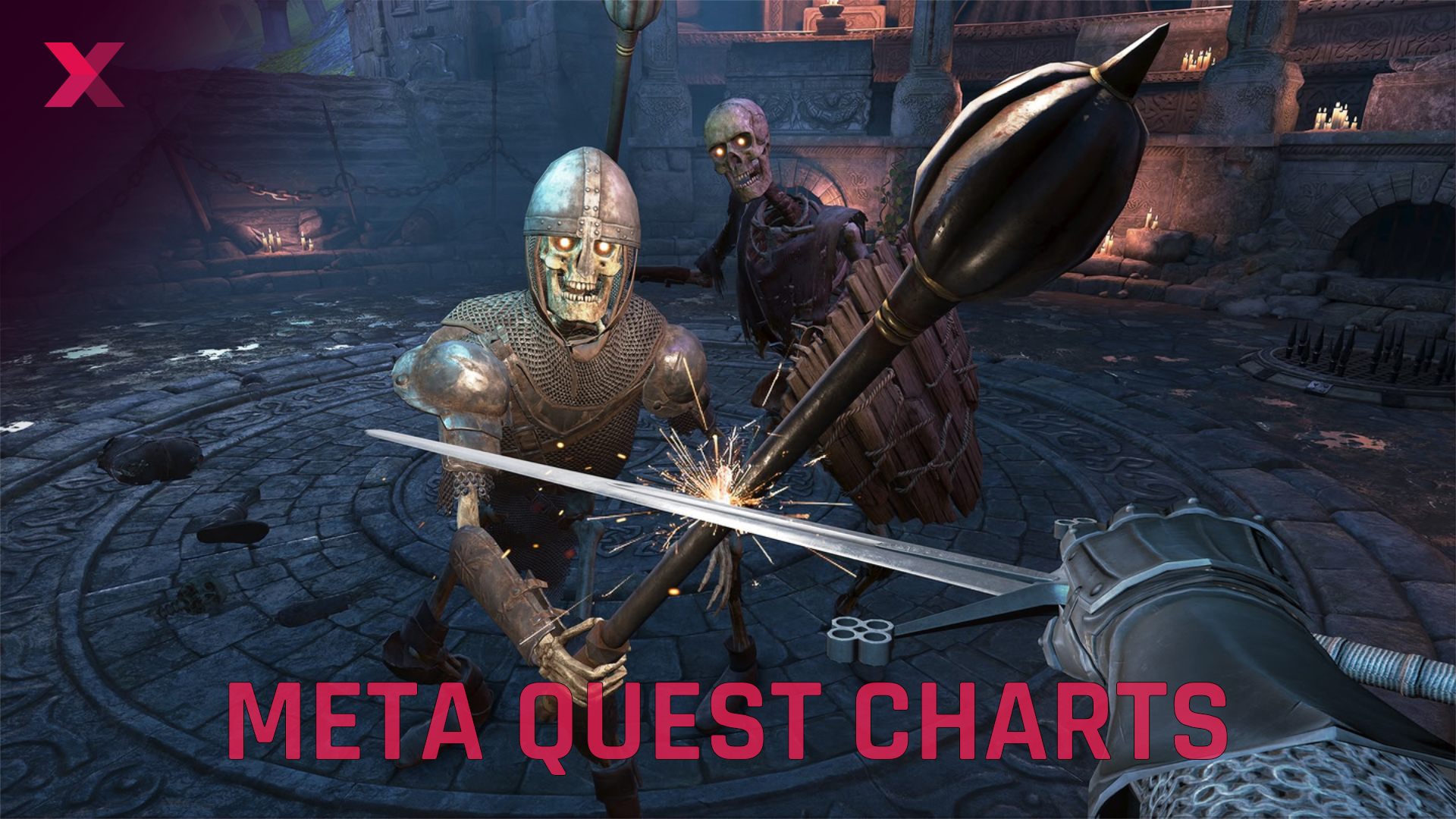 One game scene shows the player defending himself with a sword against a skeleton knight with a war hammer.