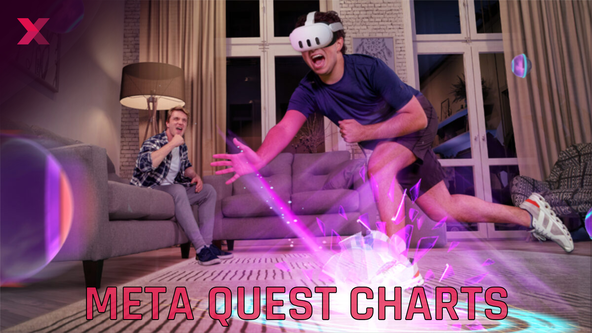 A man with a Meta Quest 3 on his head exercises in his living room with a mixed reality app that projects pink beams into the physical space.