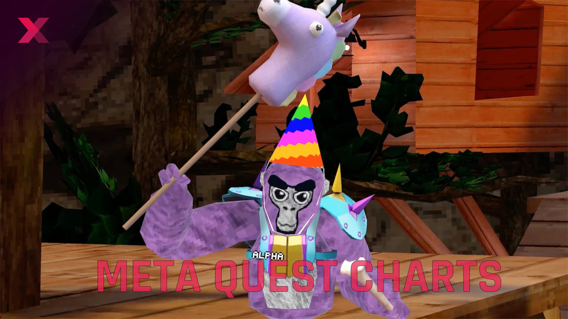 Purple gorilla with party hat and toy unicorn, a tree house in the background. Text: META QUEST CHARTS.
