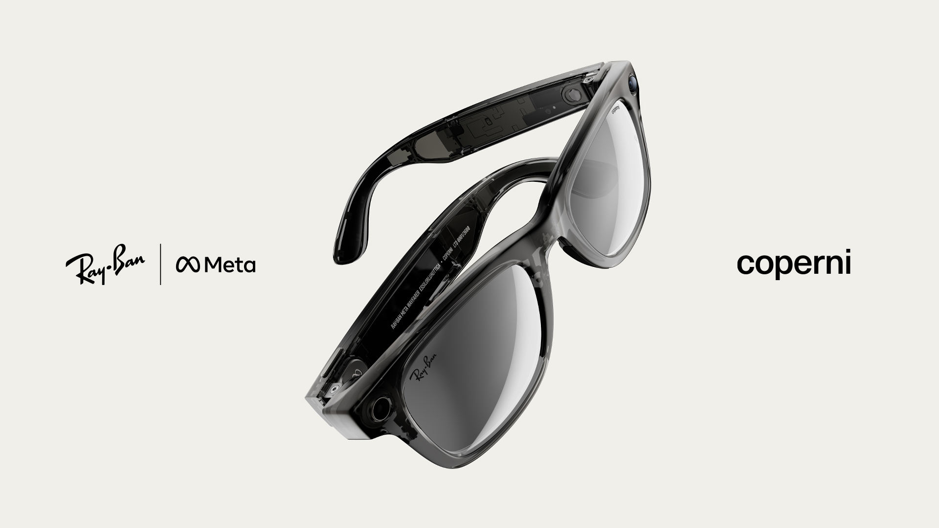 Transparent Ray-Ban Meta Smart Glasses with visible electronics, flanked by Ray-Ban and Meta logos on the left and Coperni logo on the right.