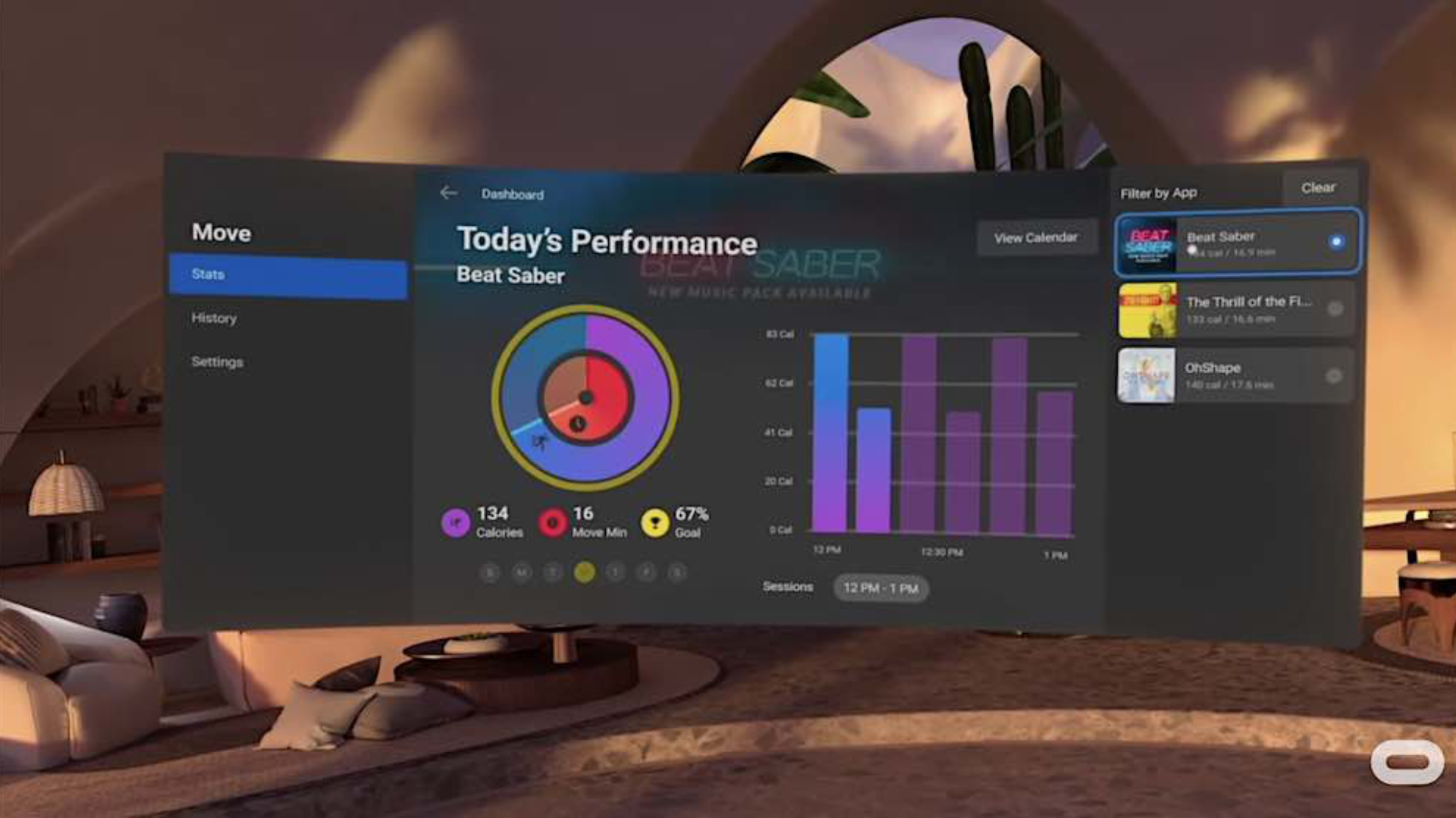 Dashboard view of a VR fitness app with pie chart and activity statistics for Beat Saber, embedded in a virtual living room setting.