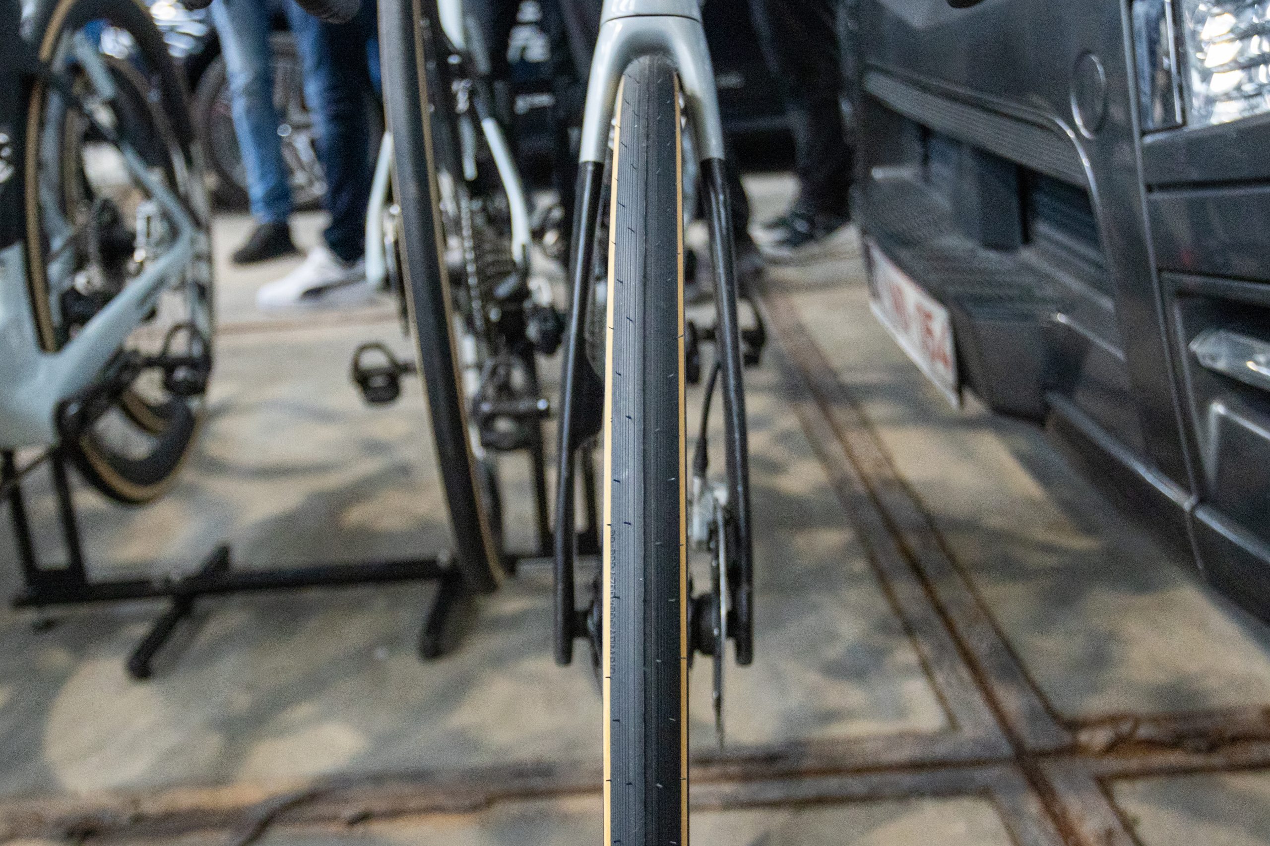 Wide road bike tyre on Tom Pidcock's Scott Foil RC