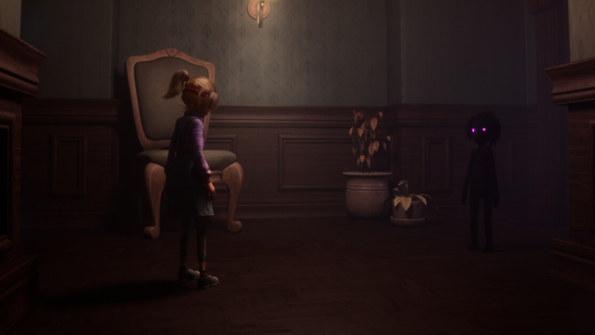 A little girl stands opposite a shadow with glowing pink eyes in a dark corridor.