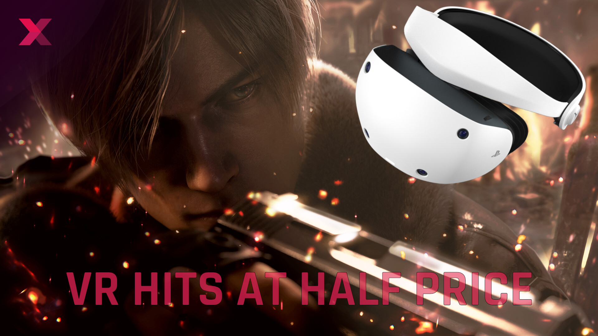 Person with gun in VR game scene, PlayStation VR2 headset in foreground, text "VR hits at half price".