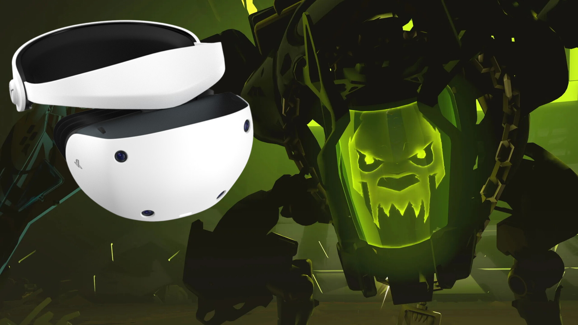 [ALT-TEXT] White PlayStation VR2 headset and a menacing robot with a glowing green face in a dark environment.