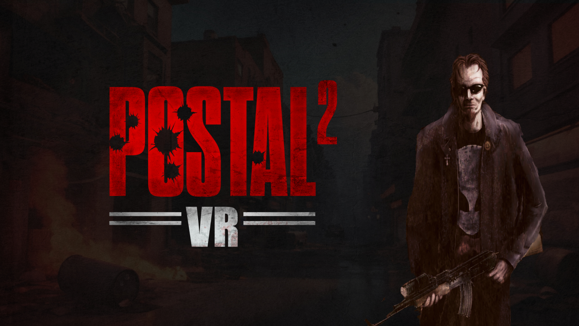 The protagonist of Postal 2 in VR, with sunglasses and weapon, in front of a burning background.