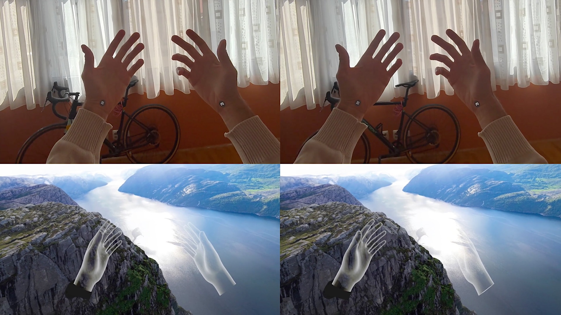 Two hands protrude into the picture, once in pass-through, once in VR. Stereoscopic image.