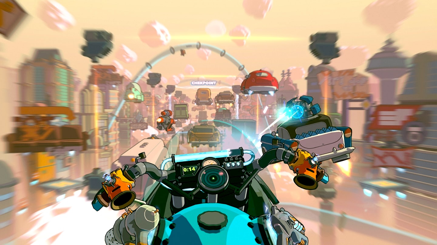 First-person perspective from a hoverbike in a futuristic race. Hovering cars, city scenery and a checkpoint are visible.