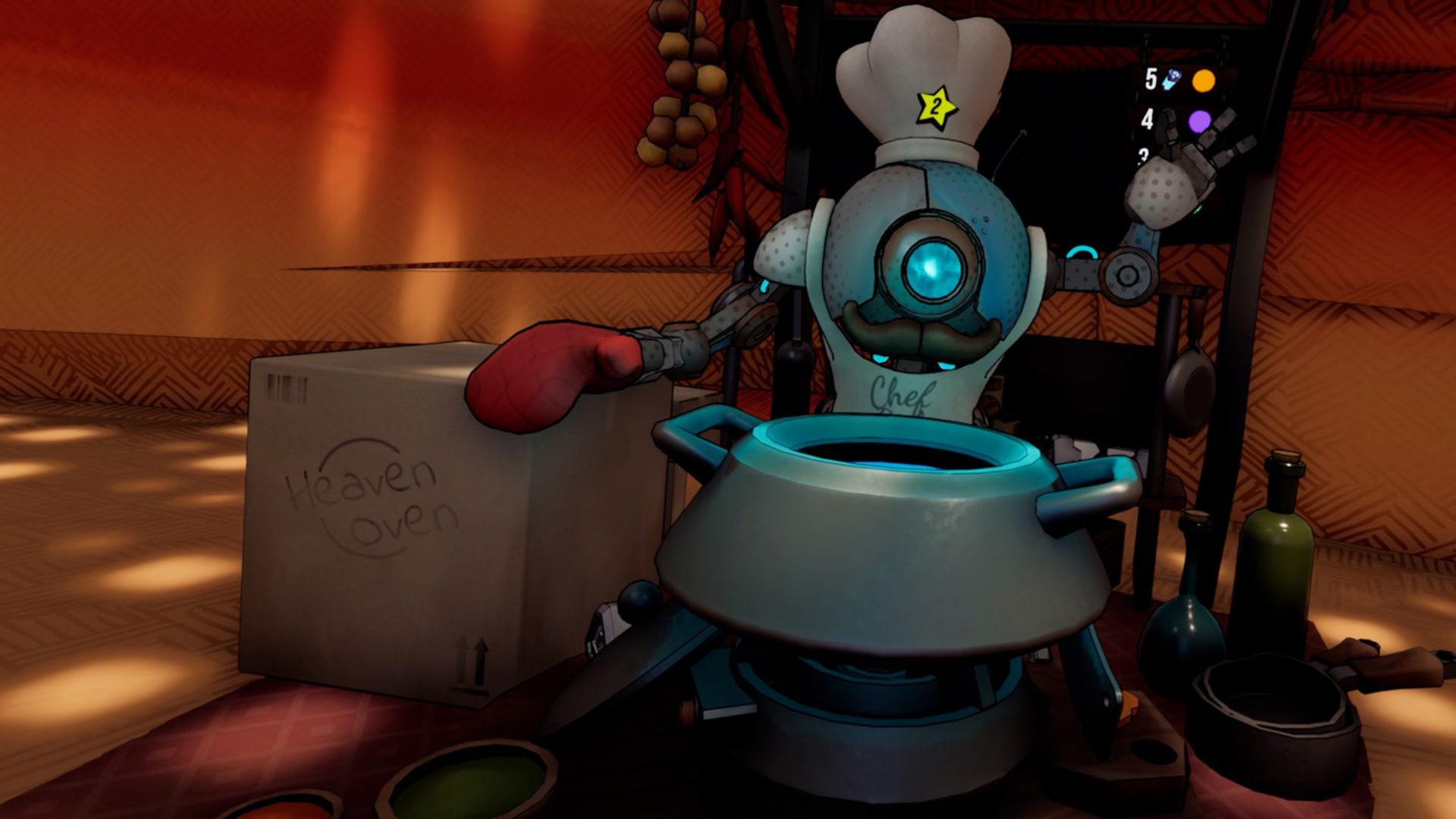 Robot chef with chef's hat and moustache in kitchen, pot on stove, spices and cardboard box labeled "Heaven Oven".